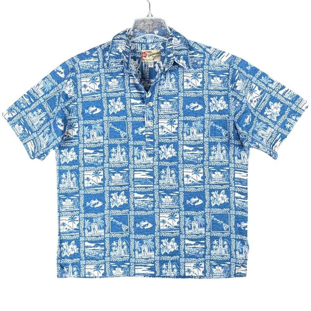 Hilo Hattie Hawaiian Original Men's M Shirt Blue White Island Block Print Summer